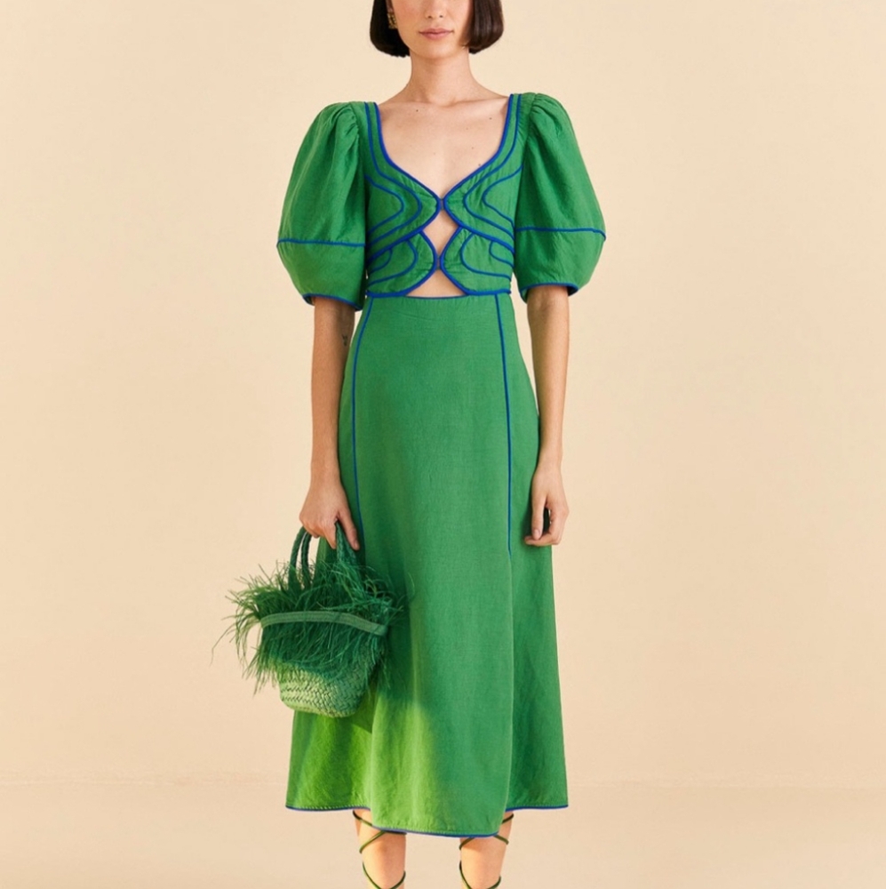FARM Rio Green Cut Out Tie Front Midi Dress